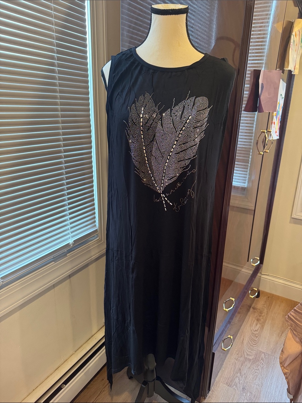 Black Sleeveless Maxi Dress with Decorative Feather Detail